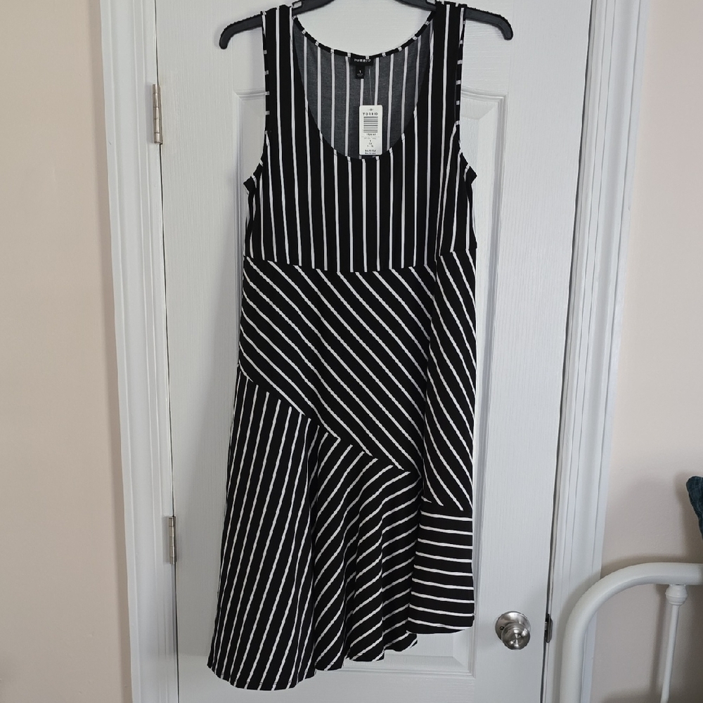 Torrid Asymmetrical Black and White Striped Dress